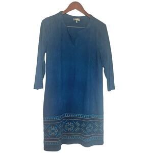 Neiman Marcus Suede Blue Shift Long Sleeve Dress, Western Chic Embroidered Sz 12